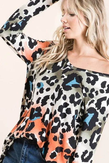 BiBi Gradation Leopard Print Soft Knit Deep U Neck Top - Shop Style & More | Fresh Looks, Everyday Deals & Free Shipping