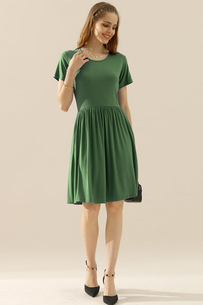 Ninexis Full Size Round Neck Ruched Dress with Pockets Cocktail Dresses