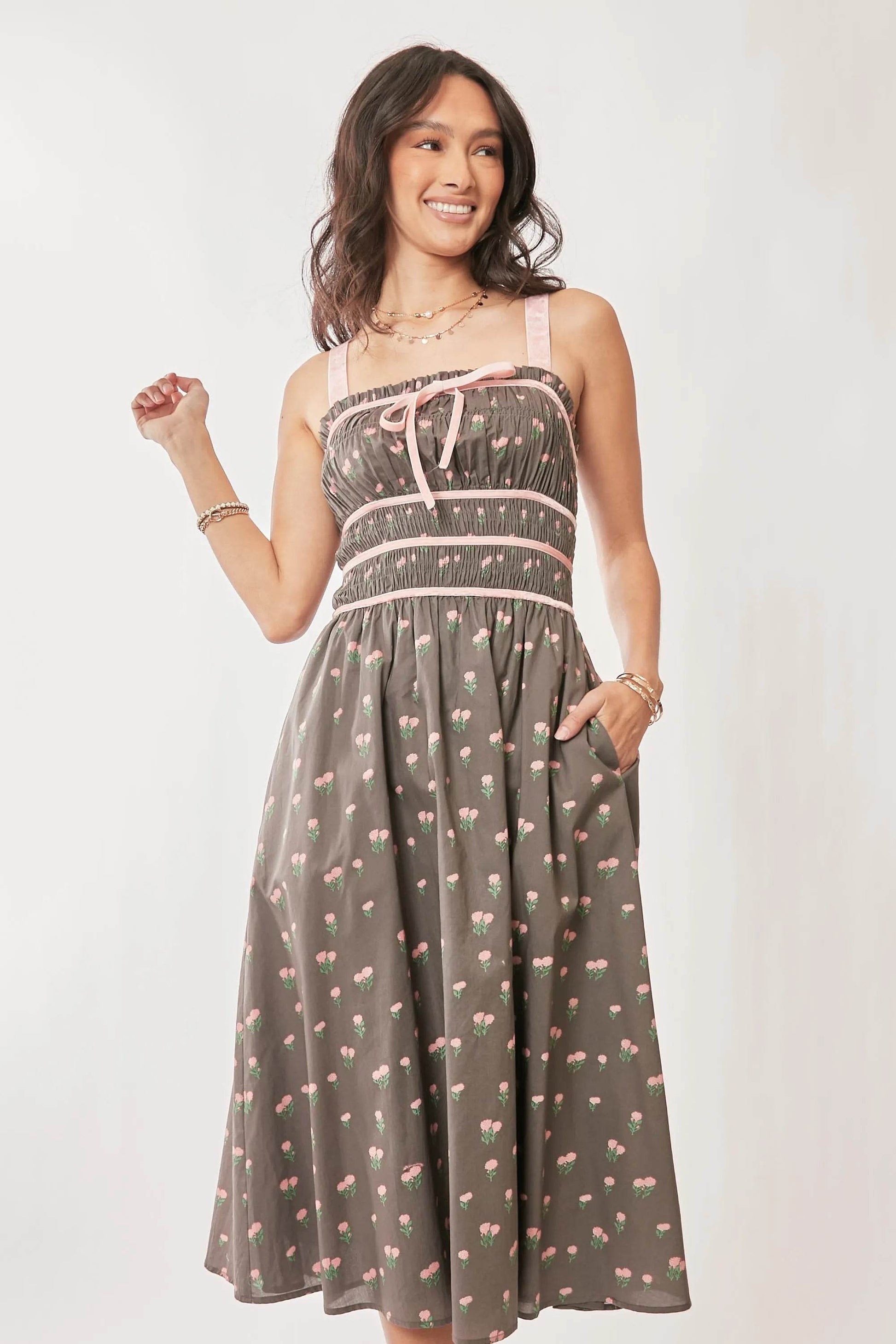 Davi & Dani Contrast Velvet Tape Smocking Bodice Midi Dress - Shop Style & More | Fresh Looks, Everyday Deals & Free Shipping