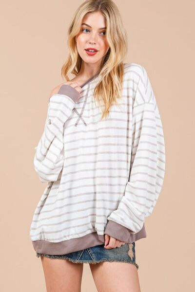 Ces Femme Striped Round Neck Drop Shoulder Sweatshirt Hoodies & Sweaters