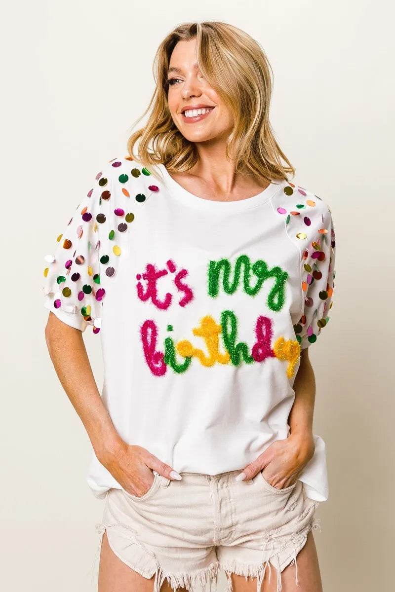 BiBi Metallic Letter Spangle Raglan Puff Sleeve Top - Shop Style & More | Fresh Looks, Everyday Deals & Free Shipping