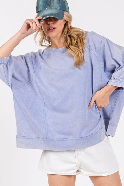 SAGE + FIG Mineral Washed Side Slit Round Neck Sweatshirt Hoodies & Sweaters