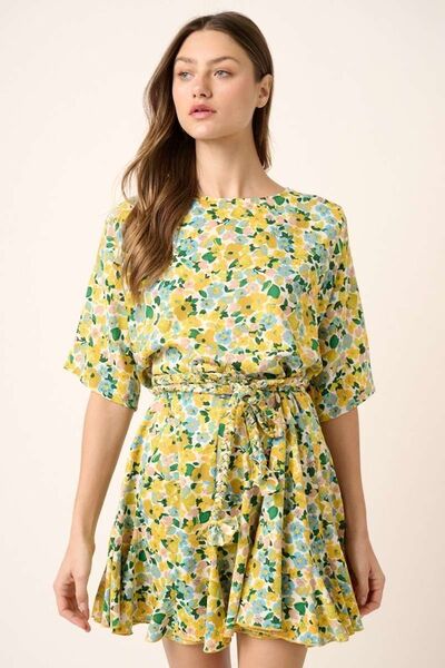 Mittoshop Floral Tie Waist Half Sleeve Mini Dress Casual Dresses