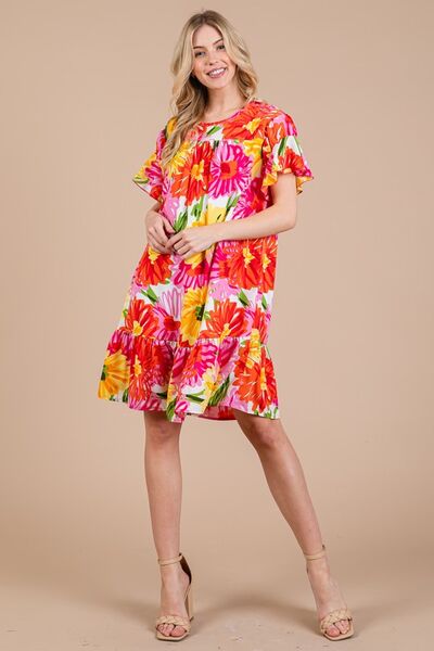 Ces Femme Floral Ruffled Short Sleeve Dress Casual Dresses