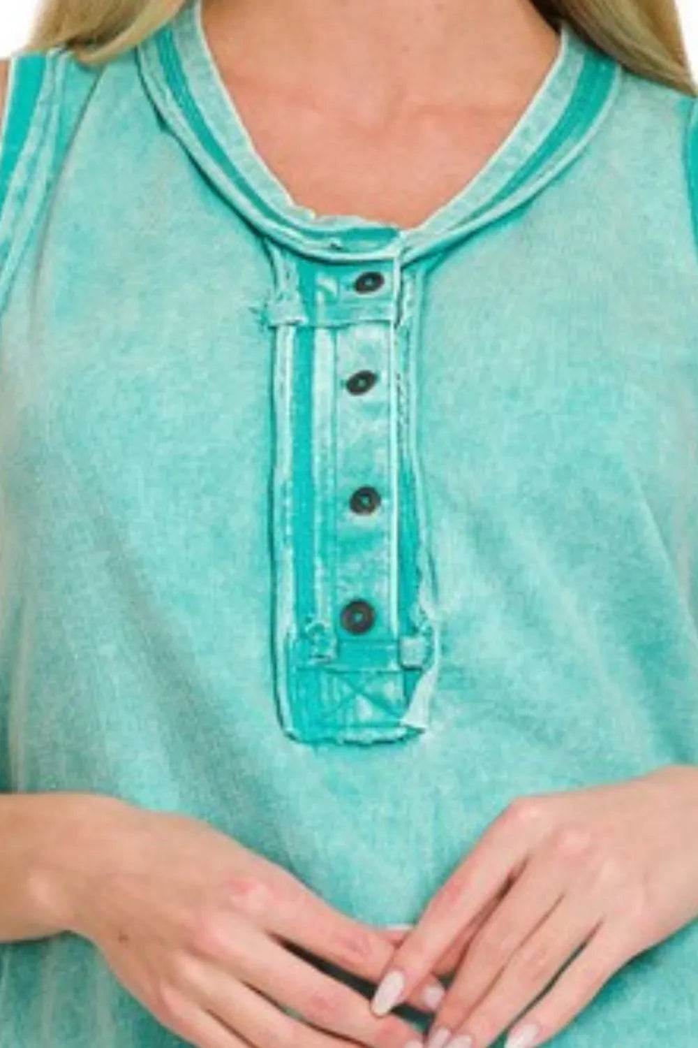Zenana Washed Half-Button Raw Edge Sleeveless Henley Top - Shop Style & More | Fresh Looks, Everyday Deals & Free Shipping