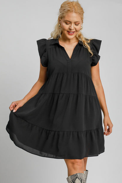 Umgee Full Size Johnny Collar Ruffle Cap Sleeve Tiered Dress Plus Size Casual Dresses