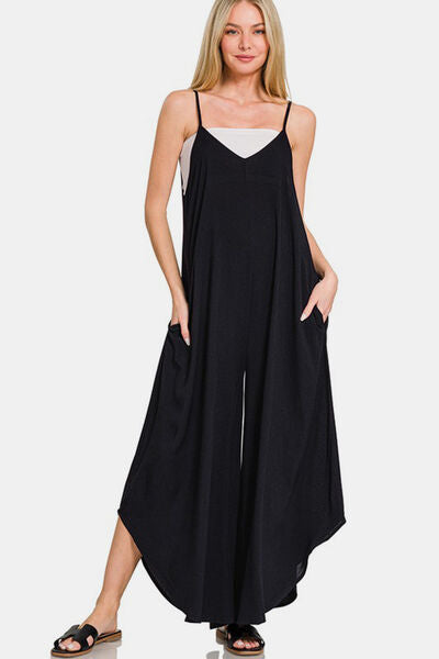 Zenana Spaghetti Strap Overalls with Pockets - Wide Leg Design Black Jumpsuits
