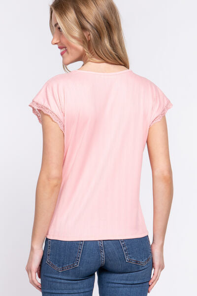 ACTIVE BASIC Lace Trim V-Neck Ribbed Top with Short Sleeves Blouses