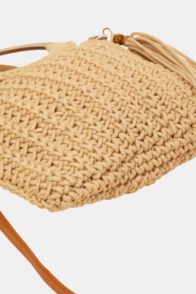 Fame Crochet Knit Convertible Tote Bag with Tassel Bags