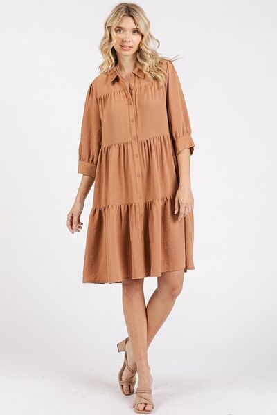 Mittoshop Button Detail Collared Neck Tiered Shirt Dress Casual Dresses