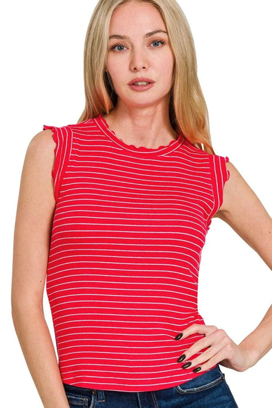 Zenana Ribbed Ruffle Trim Sleeveless Stripe Top - Shop Style & More | Fresh Looks, Everyday Deals & Free Shipping