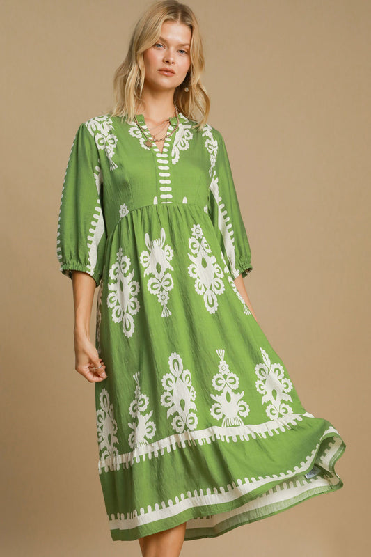 Umgee Printed Notched Midi Dress Lime Casual Dresses