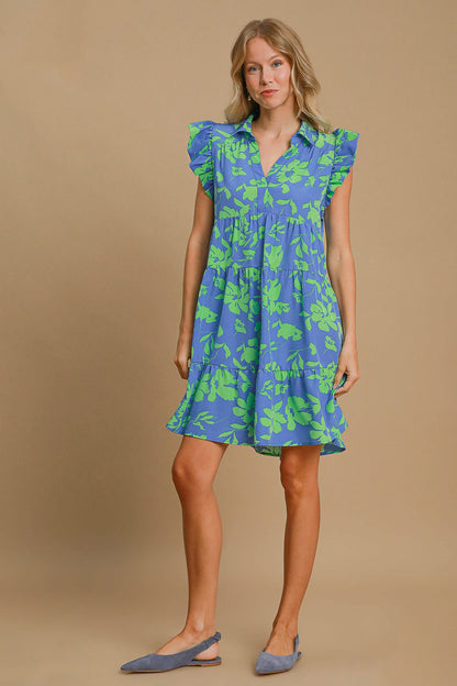 Umgee Full Size Floral Print Ruffle Cap Sleeve Tiered Dress Plus Size Cerulean Casual Dresses