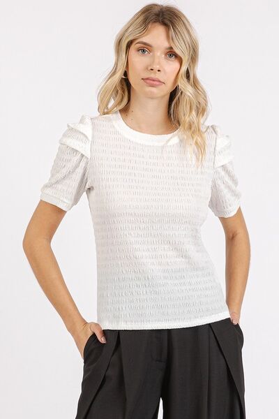 Mittoshop Textured Round Neck Short Sleeve Blouse Off White Blouses