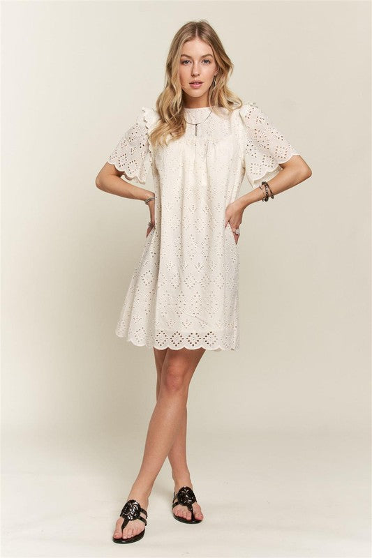 ADORA Ruffled Eyelet Round Neck Dress Casual Dresses