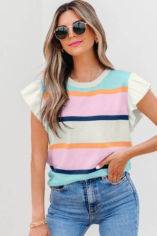 Yasmin Striped Flutter Sleeve Patchwork Top - Shop Style & More | Fresh Looks, Everyday Deals & Free Shipping