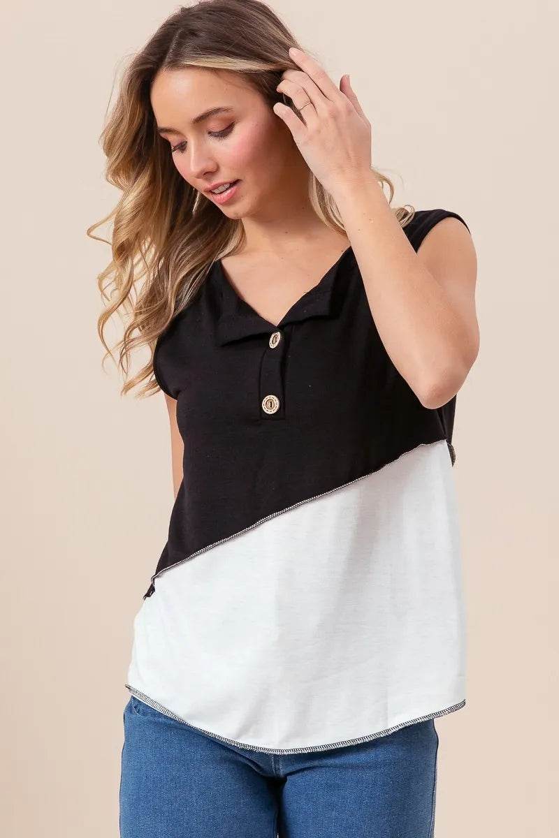 BiBi Color Block Contrast Stitching Buttoned Henley Top - Shop Style & More | Fresh Looks, Everyday Deals & Free Shipping