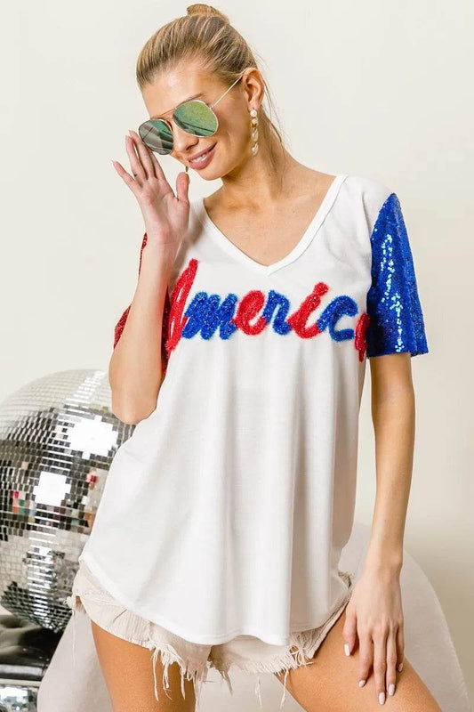BiBi Metallic Letter V-neck Sequin Sleeves Top - Shop Style & More | Fresh Looks, Everyday Deals & Free Shipping
