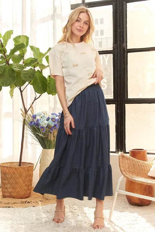 ADORA Waist Band Tiered Denim Maxi Skirt - Shop Style & More | Fresh Looks, Everyday Deals & Free Shipping