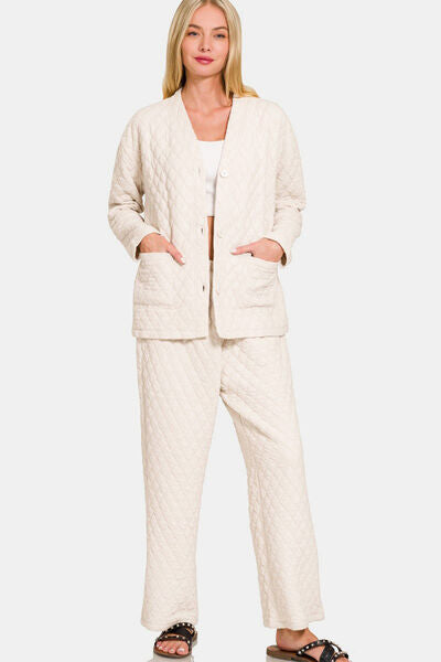 Zenana Quilted Button Up Long Sleeve Top and Pants Lounge Set Beige Lounge Set