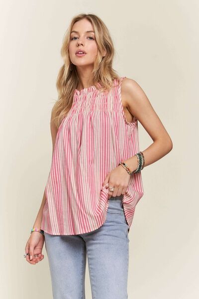 ADORA Contrast Striped Frill Round Neck Sleeveless Top Blouses