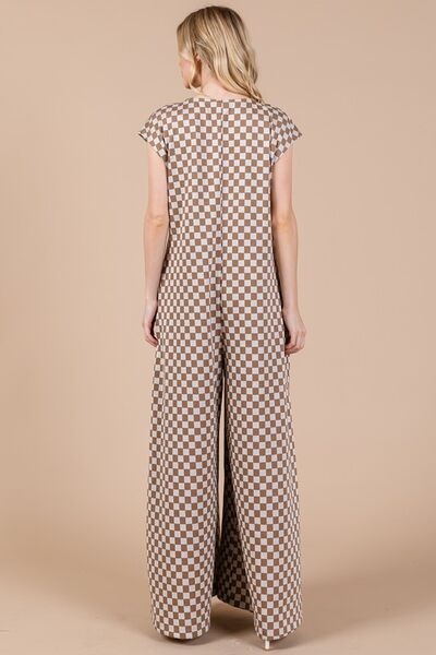 Ces Femme Checkered Half Button Jumpsuit with Cap Sleeves Jumpsuits