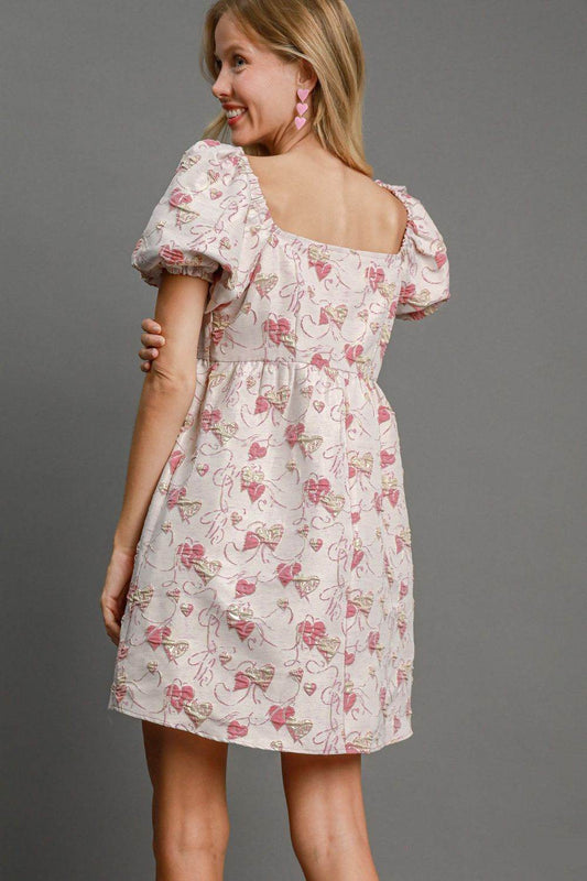 Umgee Heart Jacquard Square Neck Puff Sleeve Mini Dress - Shop Style & More | Fresh Looks, Everyday Deals & Free Shipping