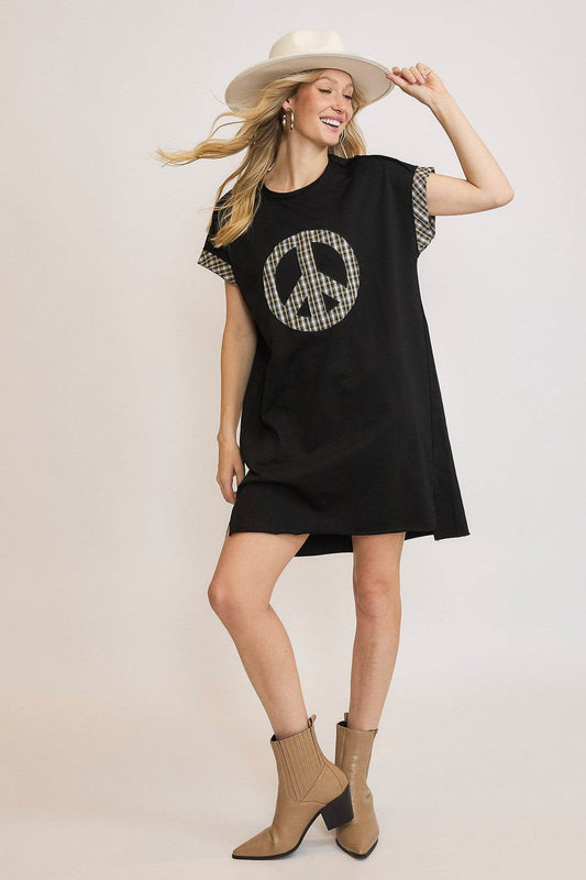 Umgee Peace Plaid Applique Short Sleeve Mini Dress - Shop Style & More | Fresh Looks, Everyday Deals & Free Shipping