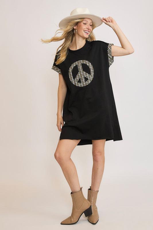 Umgee Peace Plaid Applique Short Sleeve Mini Dress Black Casual Dresses