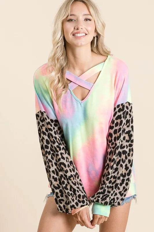 BiBi Tie Dye Terry Top with Leopard Puff Sleeves - Shop Style & More | Fresh Looks, Everyday Deals & Free Shipping
