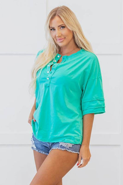 Hanna Solid Color Half Sleeve Buttons Henley Top - Shop Style & More | Fresh Looks, Everyday Deals & Free Shipping