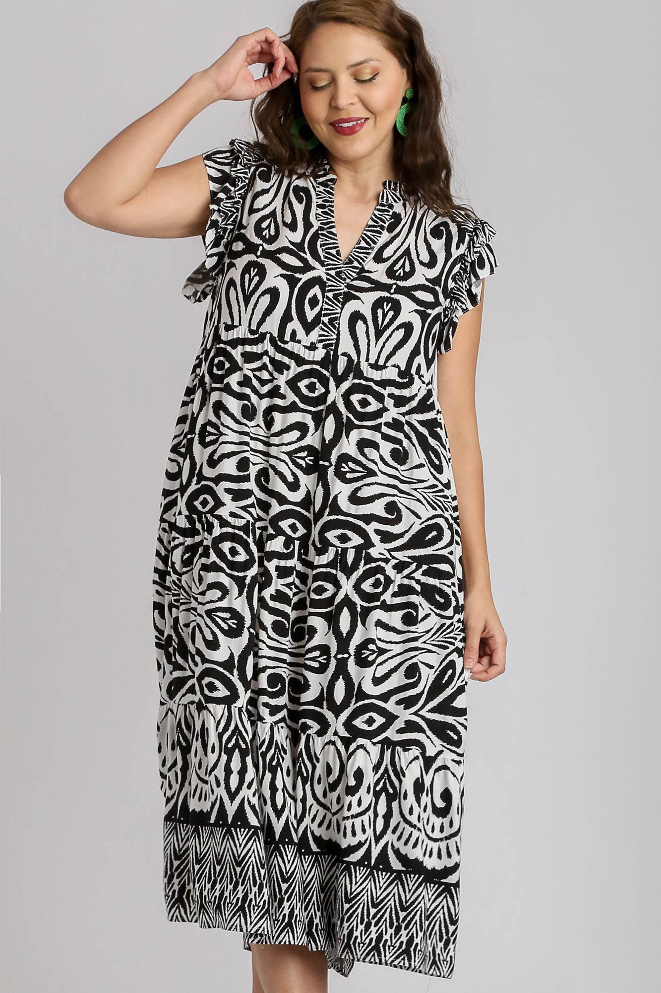 Umgee Full Size Two Tone Border Print Ruffle Cap Sleeve Midi Dress Plus Size Casual Dresses