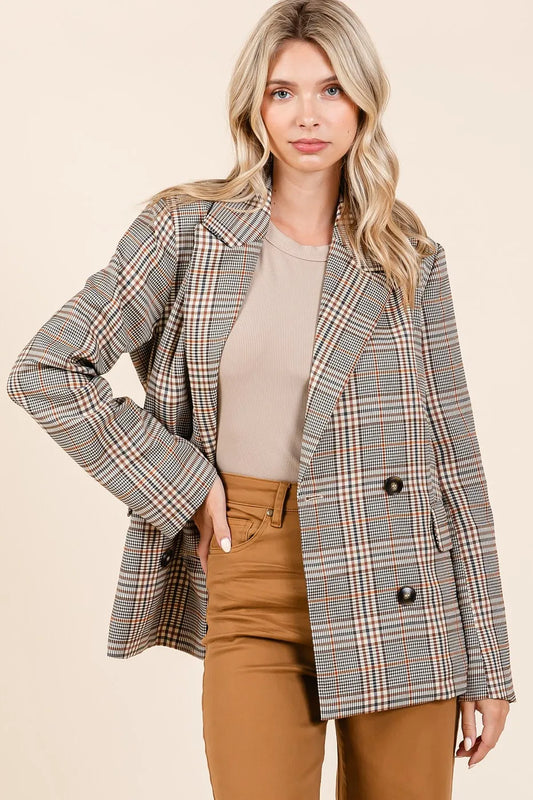 Mittoshop Plaid Double Breasted Relaxed Fit Blazer BROWN COMBO Women's Outerwear