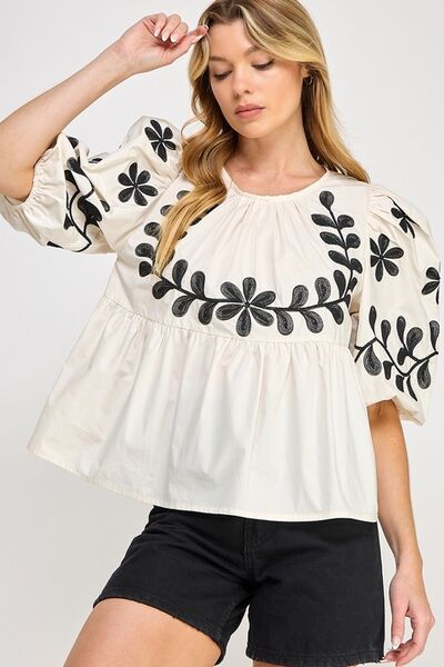 SAGE+FIG Puff-Sleeve Embroidered Peplum Blouse Cream Blouses