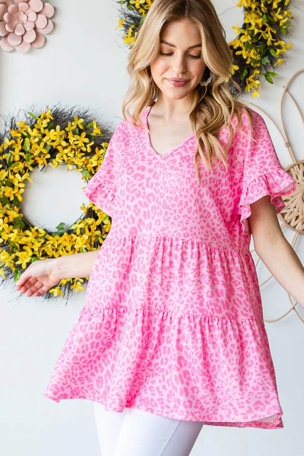 Heimish Full Size Leopard Ruffle Trim Short Sleeve Top - Shop Style & More | Fresh Looks, Everyday Deals & Free Shipping