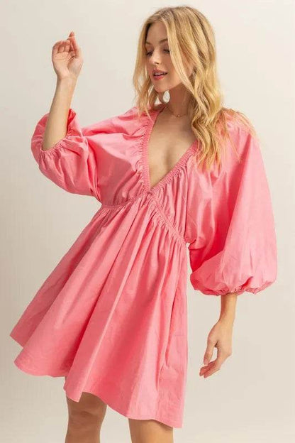 HYFVE Plunge Balloon Sleeve Poplin Mini Dress with Pockets - Shop Style & More | Fresh Looks, Everyday Deals & Free Shipping