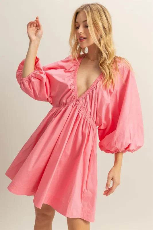 HYFVE Plunge Balloon Sleeve Poplin Mini Dress with Pockets - Shop Style & More | Fresh Looks, Everyday Deals & Free Shipping