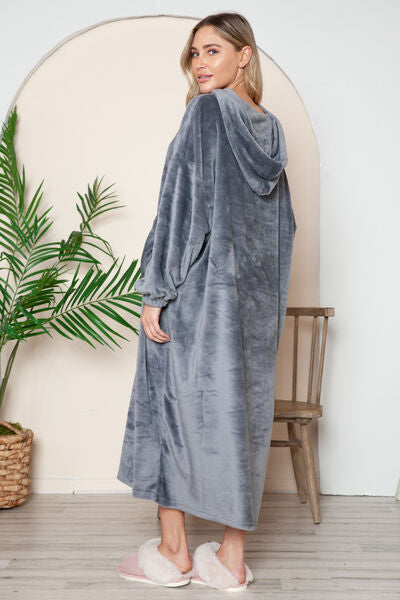 Double Take Full Size Pocketed Hooded Midi Lounge Dress Sleepwear