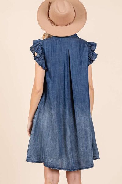 Mittoshop Washed Chambray Ruffle Sleeve Buttoned Mini Dress Casual Dresses