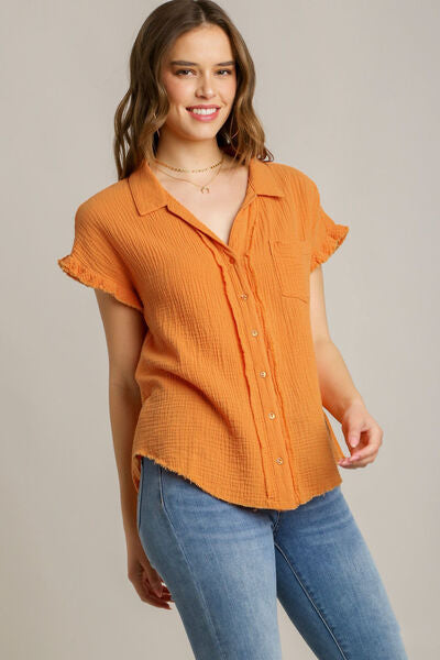 Umgee Full Size Frayed Hem Collared Neck Short Sleeve Shirt Plus Size Tangerine Blouses