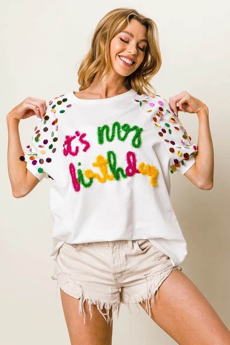 BiBi Metallic Letter Spangle Raglan Puff Sleeve Top - Shop Style & More | Fresh Looks, Everyday Deals & Free Shipping
