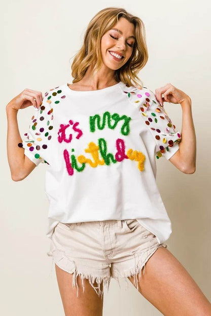BiBi Metallic Letter Spangle Raglan Puff Sleeve Top - Shop Style & More | Fresh Looks, Everyday Deals & Free Shipping