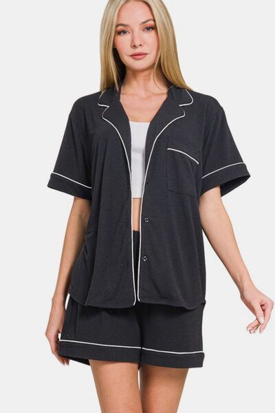 Zenana Button Down Short Sleeve Top and Shorts Lounge Set Black Lounge Set