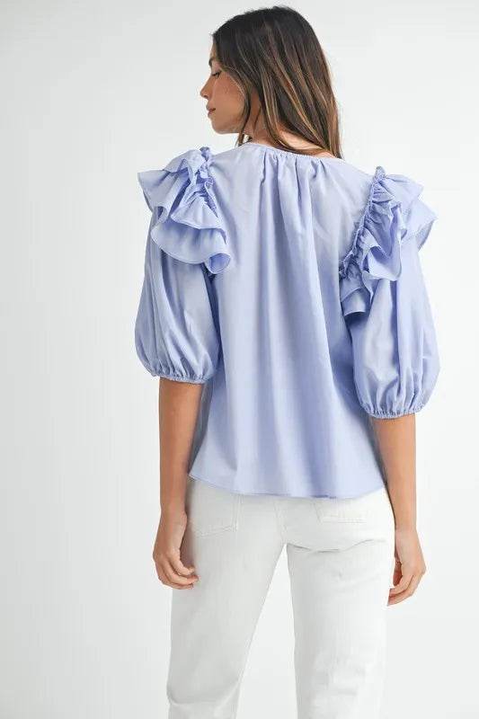 MABLE Stripe Ruffle Shoulder Puff Sleeve Blouse - Shop Style & More | Fresh Looks, Everyday Deals & Free Shipping