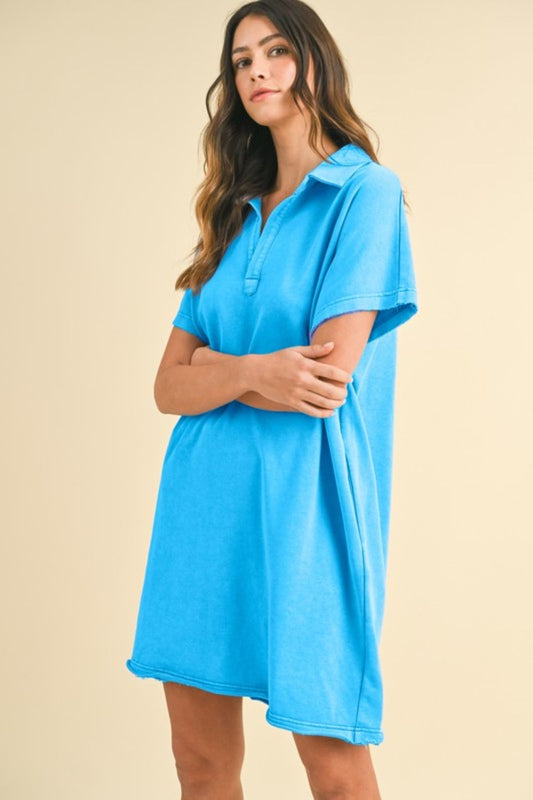 Annie Wear Mineral Washed Johnny Collar Short Sleeve Dress Sky Blue Casual Dresses