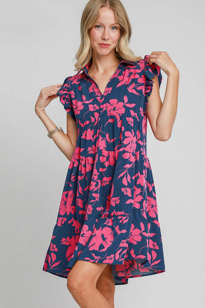 Umgee Full Size Floral Print Ruffle Cap Sleeve Tiered Dress Plus Size NAVY PINK Casual Dresses