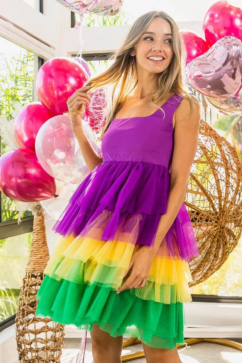 BiBi Mardi Gras Color Block Layered Mesh Tiered Dress - Shop Style & More | Fresh Looks, Everyday Deals & Free Shipping
