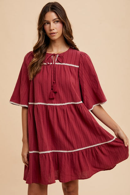 Annie Wear Tassel Contrast Trim Tie Neck Half Sleeve Tiered Dress Casual Dresses