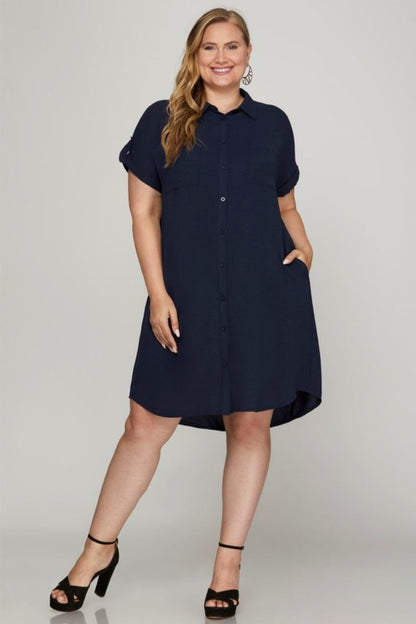 She + Sky Full Size Button Down Short Sleeve Woven Shirt Dress Plus Size Casual Dresses