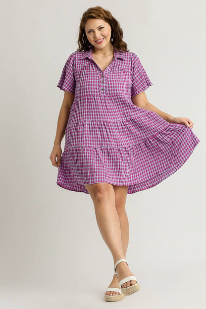 Umgee Full Size Gingham Tiered Button Detail Short Sleeve Dress Plus Size Casual Dresses